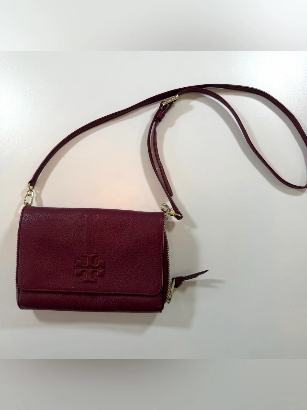 Tory Burch Taylor Mini Foldover Crossbody Burgundy Pebbled Leather